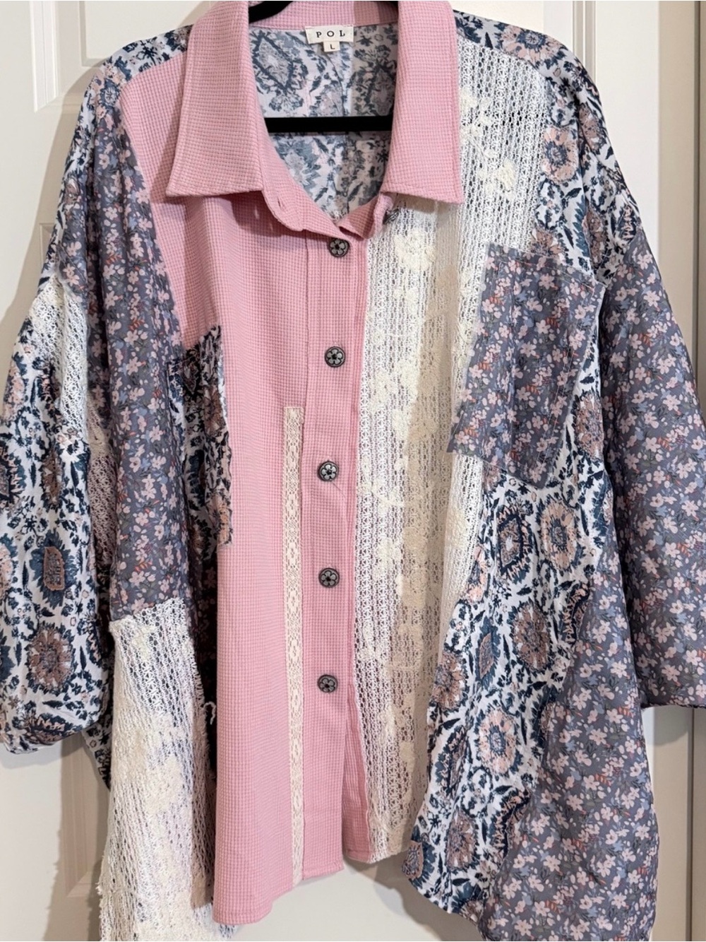 POL Pink Patchwork Mixed-Print Button Front Blouse